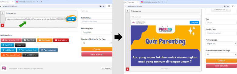 5. Kembali ke website marica, kemudian copy paste link (ctrl v) yang telah disalin sebelumnya ke kolom instagram. Setelah itu klik “Get” untuk memunculkan postingan dari Instagram