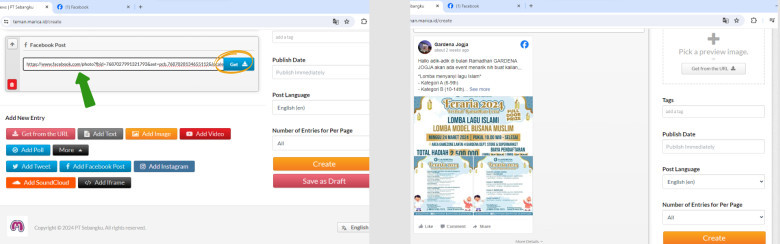 4. Kembali ke website, marica kemudian copy paste link (ctrl v) yang telah disalin sebelumnya ke kolom facebook. Setelah itu klik “Get” untuk memunculkan postingan dari Facebook