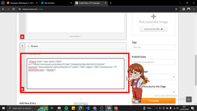 14. Salin link games wordwall di kolom Iframe Teman Marica